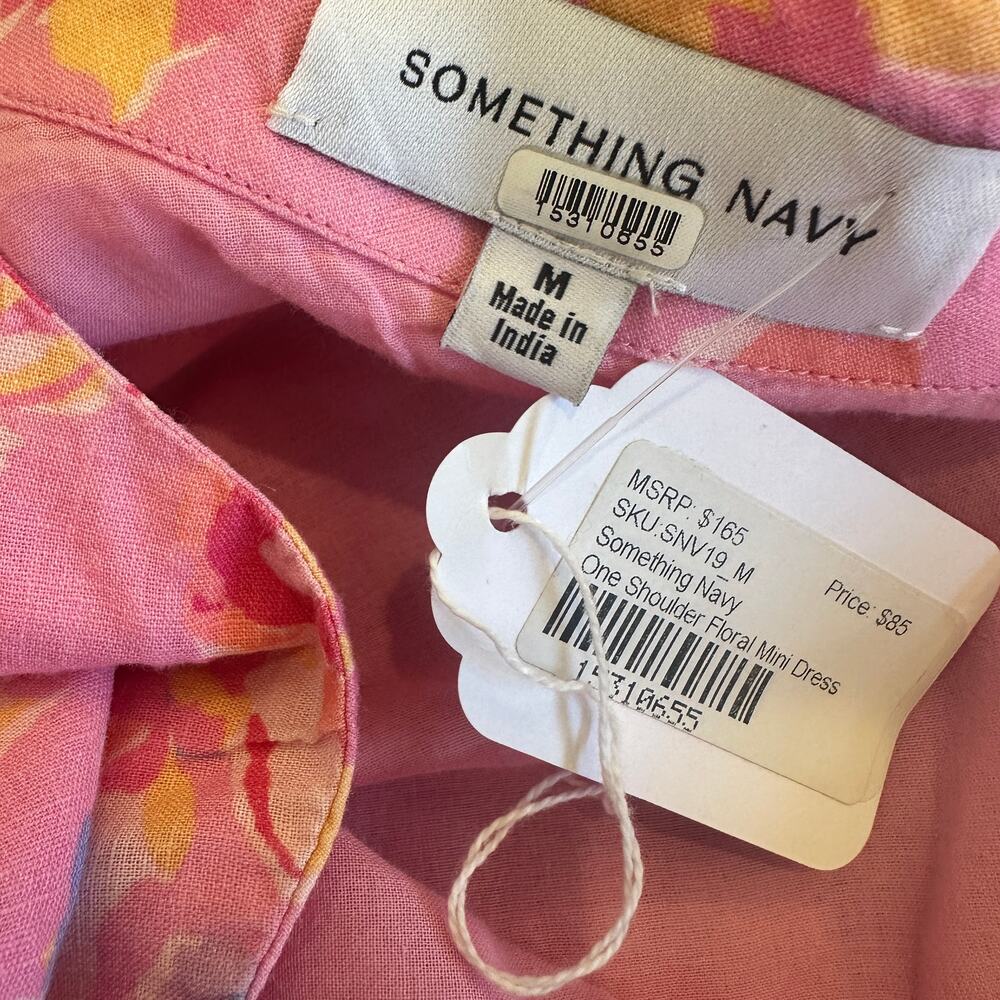 Something Navy Pink Floral Mini Dress MEDIUM One Shoulder Linen Shift Party $165 - Picture 11 of 11